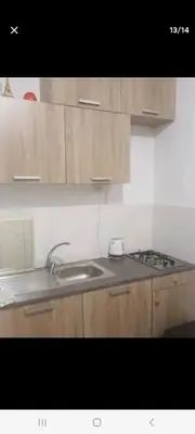 a kitchen with wooden cabinets and a sink at City Large Studio in Limassol