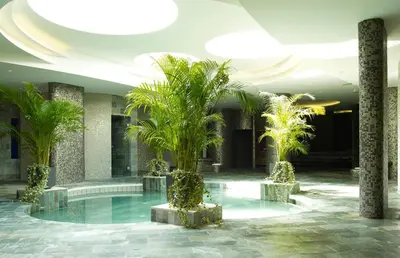 a hotel lobby with a pool and palm trees at Sunrise Pearl Hotel & Spa in Protaras