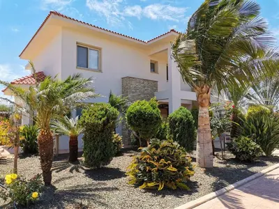 a house with palm trees in front of it at Orchard Blossom Private Villa With Pool in Phrenaros