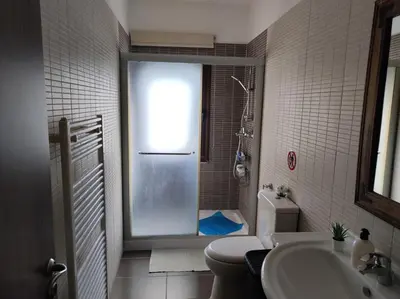 a bathroom with a shower and a toilet and a sink at Roses Villa in Trimiklini