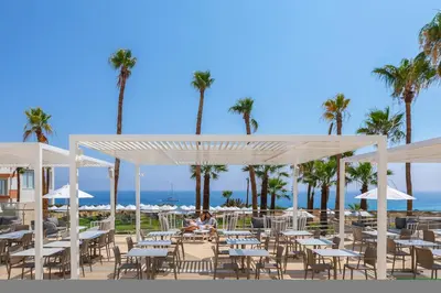 a group of tables and chairs at a beach with palm trees at Leonardo Crystal Cove Hotel & Spa – Adults only in Protaras