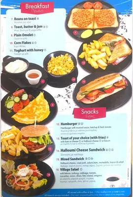 a menu with different types of food on plates at St. George Rent Rooms in Larnaka