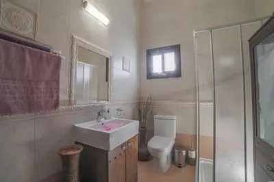 a bathroom with a sink and a toilet and a shower at Lofou Traditional House in Lofou