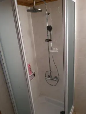 a shower with a shower head in a bathroom at Aprosmeno Jacuzzi House 1 in Agros