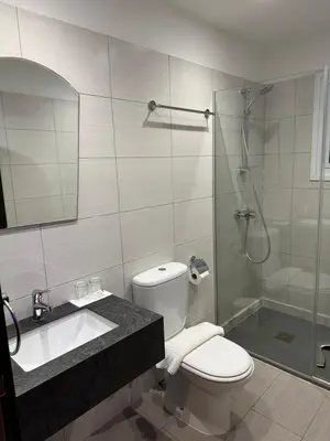 a bathroom with a shower and a toilet and a sink at Frangiorgio Hotel in Larnaka