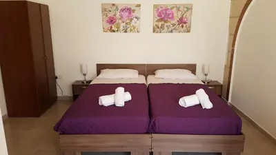 a bedroom with two beds with purple sheets at ZORBAS No 3 in Larnaka