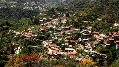 an aerial view of a village on a mountain at Giannoullas Luxury2Bedroom House in Kalopanagiotis in Kalopanayiotis