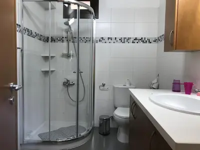 a bathroom with a shower with a toilet and a sink at Giannoullas Luxury2Bedroom House in Kalopanagiotis in Kalopanayiotis