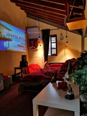 a bedroom with a red bed and a table at Madari Hills Health Retreat in Nicosia