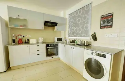 a kitchen with white cabinets and a washer and dryer at Nissi Martha Apartment in Ayia Napa