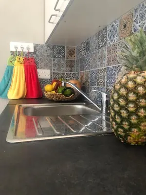 a kitchen counter with a sink and a pineapple at AgiaNapaNest studio in Ayia Napa
