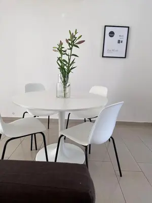 a white table with white chairs and a vase with a plant at Seana Villa Protaras in Paralimni