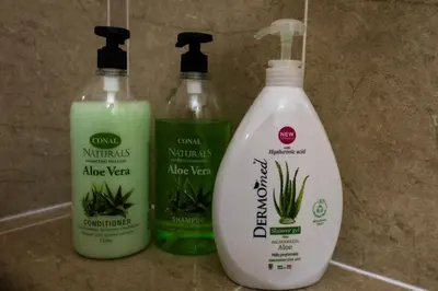 three bottles of laundry detergents sitting on a counter at Nissi Elena -Sunshine Apt in Ayia Napa