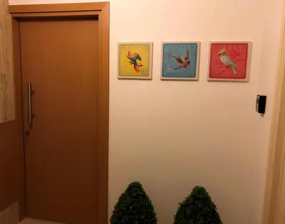three pictures of birds on a wall next to a door at Kennedy Deluxe Suites in Nicosia
