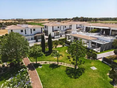 an aerial view of a house with a yard at Atlantis Gardens in Mazotos