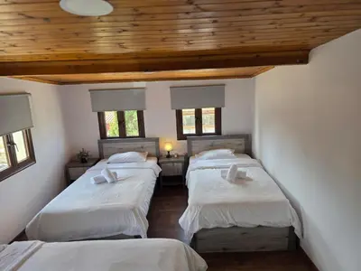 three beds in a room with wooden ceilings and windows at Town centre suites in Larnaka