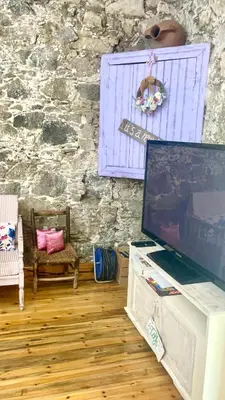 a room with a stone wall with a tv and a table at Holiday House Prodromos in Prodromos