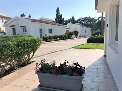 a large pot of flowers on the side of a house at Fig Tree Z Holiday Resort in Paralimni