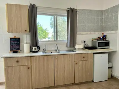 a kitchen with a sink and a microwave at Detached Cozy Studio in Paralimni