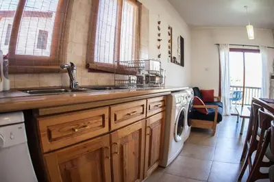 a kitchen with a sink and a washing machine at Lania Royal Oak House by TrulyCyprus in Lania