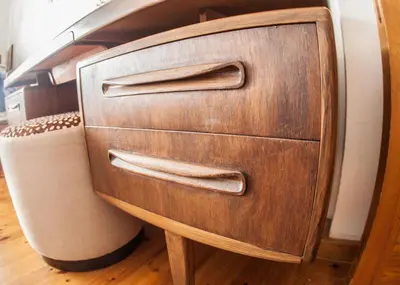 a wooden cabinet with two drawers on a desk at Lania Royal Oak House by TrulyCyprus in Lania