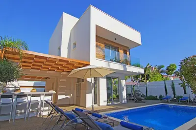 a villa with a swimming pool and a house at Villa Lily in Protaras