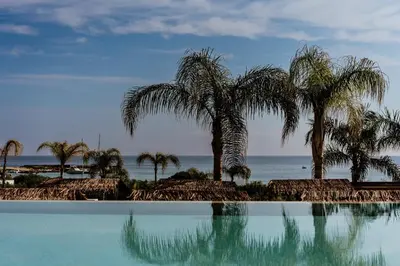 a swimming pool with palm trees and the ocean at Cavo Zoe Seaside Hotel in Protaras