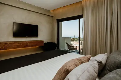 a hotel room with a bed and a television at Cavo Zoe Seaside Hotel in Protaras