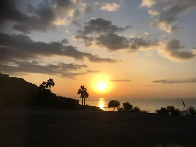a sunset on the beach with palm trees at Pissouri Bay Bungalow in Pissouri