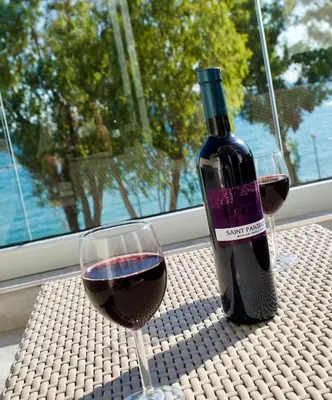 a bottle of red wine and two glasses on a table at Galatex Sea Breeze in Limassol