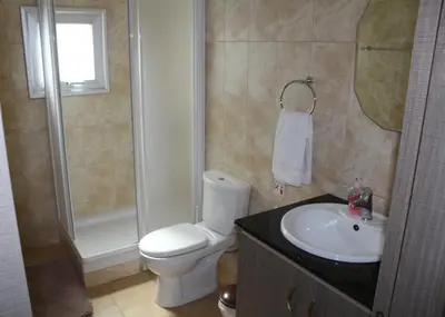 a bathroom with a toilet and a sink and a shower at Maria Zintili Apartments in Ayia Napa