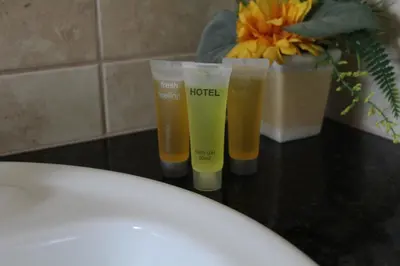 three bottles of moisturizers sitting on a counter next to a toilet at Maria Zintili Apartments in Ayia Napa