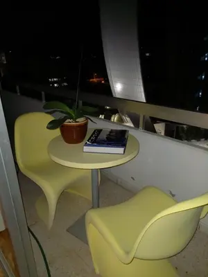 a table and two chairs and a plant on a balcony at Seaside Spacious Apartment with Sea View in Limassol
