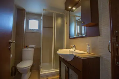 a bathroom with a toilet and a sink and a shower at Villa Joy in Protaras