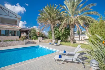 a swimming pool with two palm trees and a house at Villa Joy in Protaras