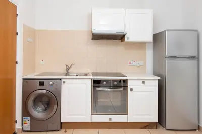 a kitchen with a washer and a sink and a refrigerator at Olympia flat 201 in Larnaka