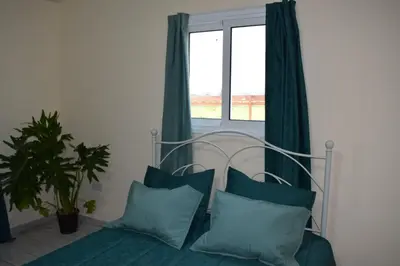 a bedroom with a bed with green curtains and a window at MERSINERA Paradise Garden 2 in Larnaka