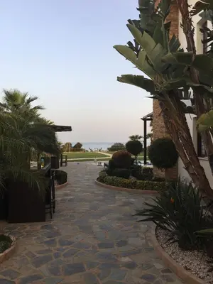 a walkway through a resort with palm trees and the ocean at Ionion Beachfront Villa in Ayia Napa