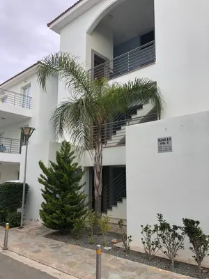 a white building with a palm tree in front of it at Mythical Sands Resort - Maria in Protaras