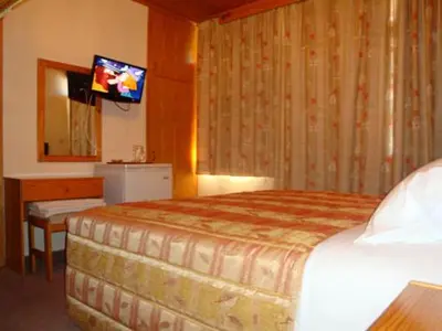 a hotel room with a bed and a television at Mountain Rose Hotel & Restaurant in Pedoulas