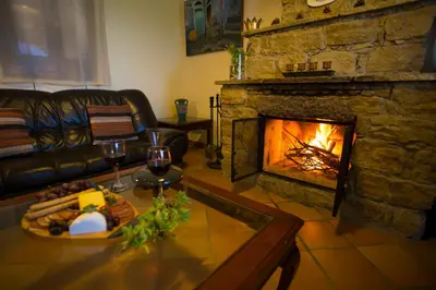 a living room with a fireplace and a table with food at George Houses in Pendakomo