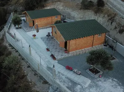 an overhead view of a house with a courtyard at Happy Glamping Cy in Ayios Theodhoros