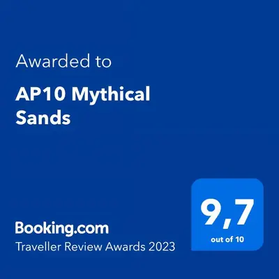 a blue text box with the words awarded to apollo mythical stands at AP10 Mythical Sands in Protaras