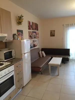 a kitchen and living room with a couch and a microwave at Holidays in Cyprus in Ayia Napa