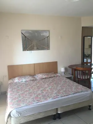 a bedroom with a bed with a bridge on the wall at Olimpus Garden Homes in Ayia Napa