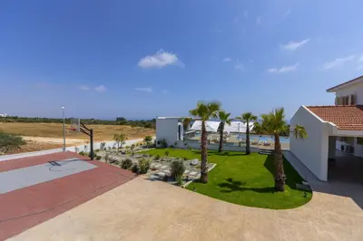 an aerial view of a house with a lawn and palm trees at Villa Elite in Protaras