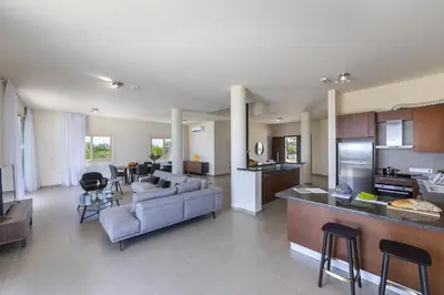 a large living room with a couch and a kitchen at Villa Elite in Protaras