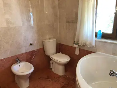 a bathroom with a toilet and a sink and a tub at Villa Natalia in Ayia Napa