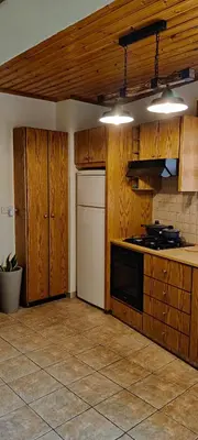 a kitchen with wooden cabinets and a stove top oven at Το Σπίτι του Προκόπη in Nicosia