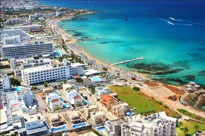 an aerial view of a beach and the ocean at Apt Misia Enas - Modern 2 Bedroom Apartment With Sea Views - Close To Ayia Napa in Ayia Napa